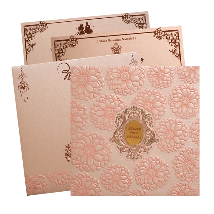 Peach Floral Embossed Wedding Card