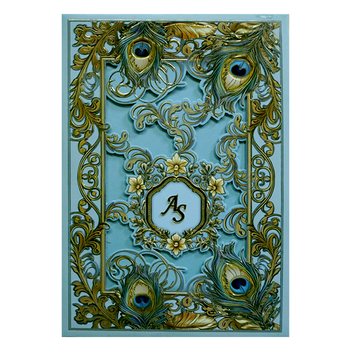 Pastel Blue Floral Peacock Padded Wedding Card