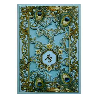 Pastel Blue Floral Peacock Padded Wedding Card