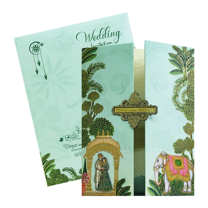 Green Royal Bride Groom Padded Wedding Card