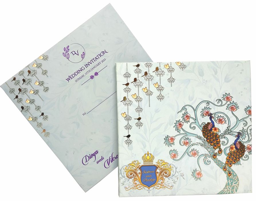 Light blue padded peacock scodix royal invitation card