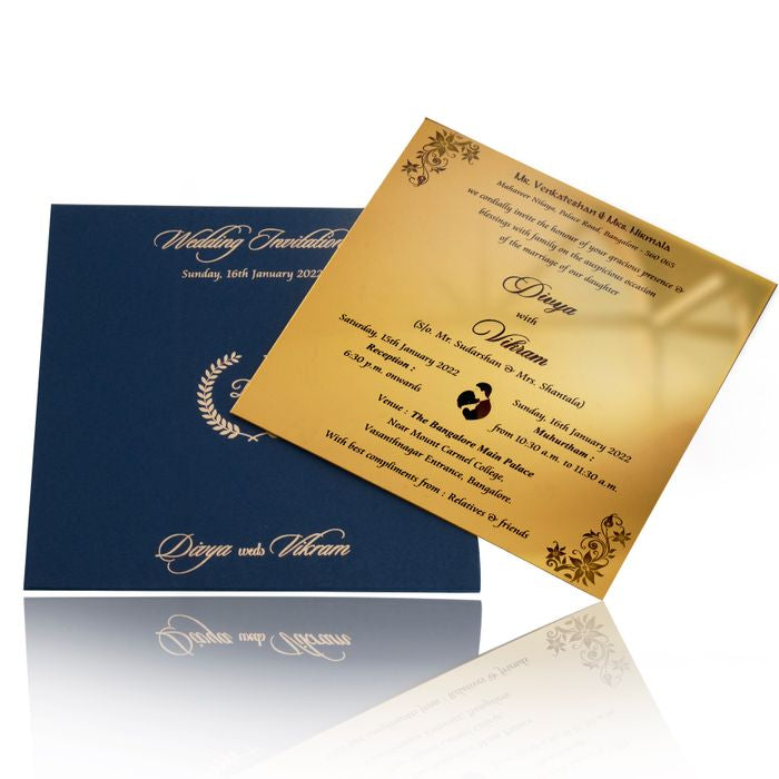 Gold Acrylic Floral Invitation Card With Blue Cover