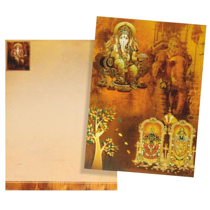 Brown Classic Ganesha With Balaji And Padmavathi Hindu Wedding Card-KNKC4029
