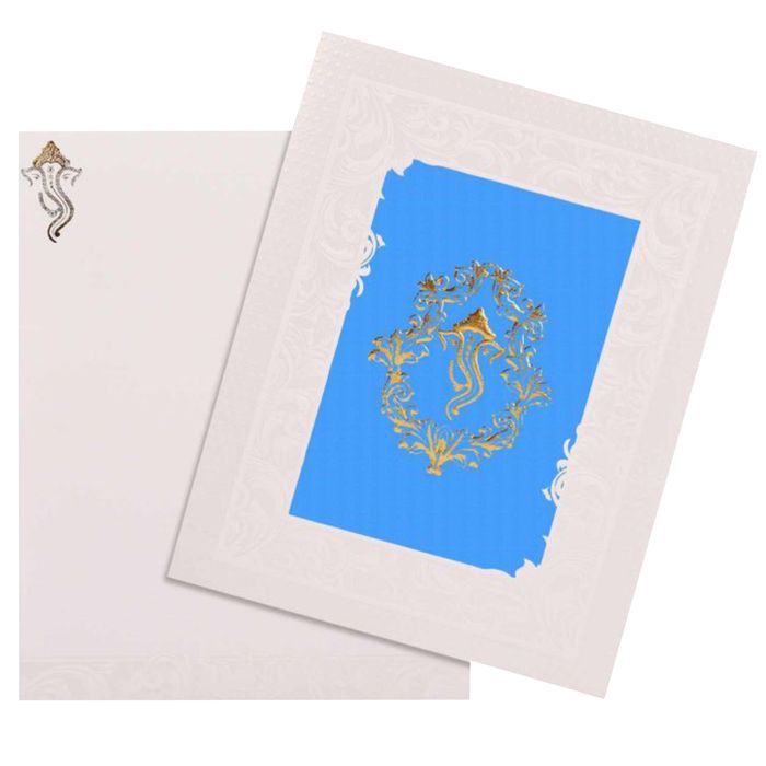 Alluring Blue Backdrop With Ganesha Theme Wedding Card - KNK4929