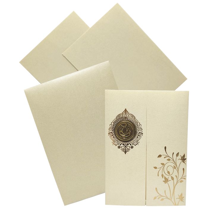 Cream Metallic Floral Door Type Pattern Invitation Card-KNCM29CM