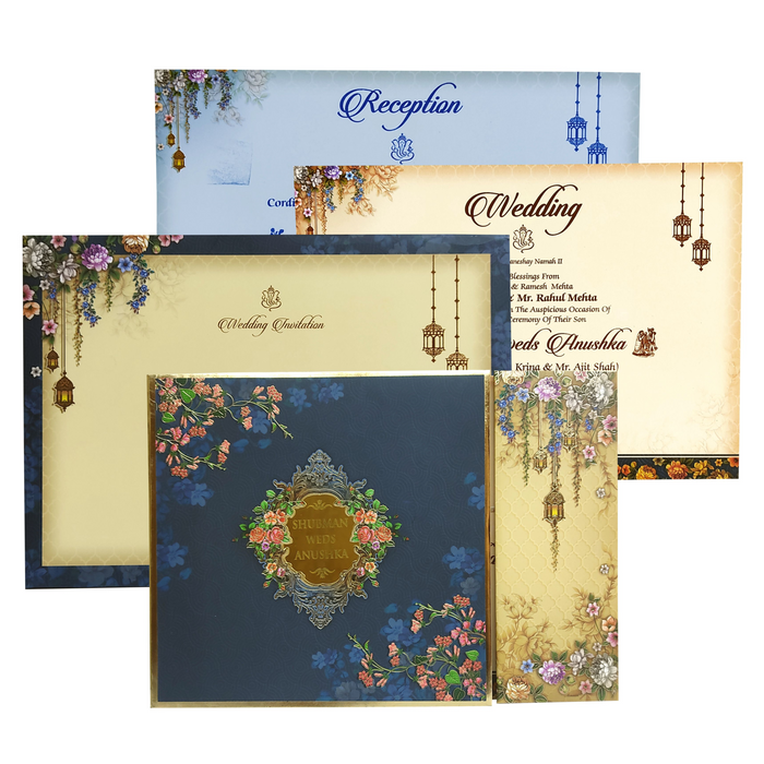 Aegean Blue Cream Floral Door Padded Invitation Card
