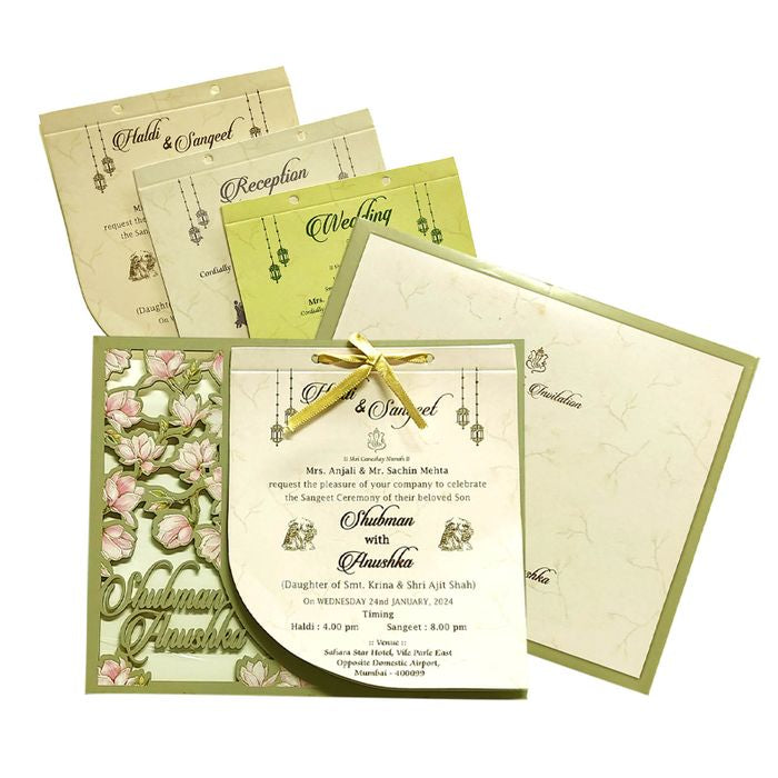 Green Floral MDF Wedding Invitation Card