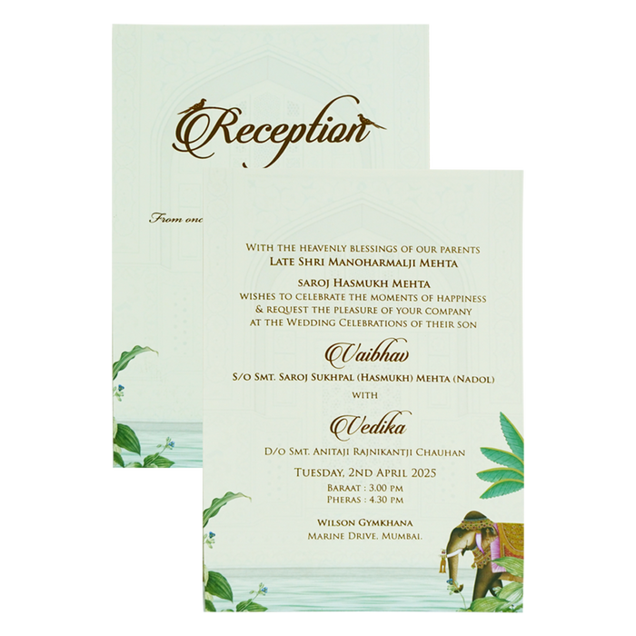 Pista Green Elephant Nameplate Wedding Card