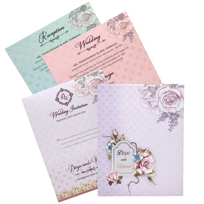 Lavender Floral Designer Padded Wedding Card-KNPO01AP