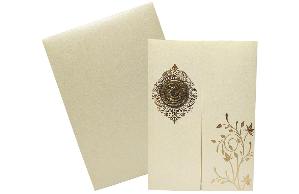 Cream Metallic Floral Door Type Pattern Invitation Card-KNCM29CM