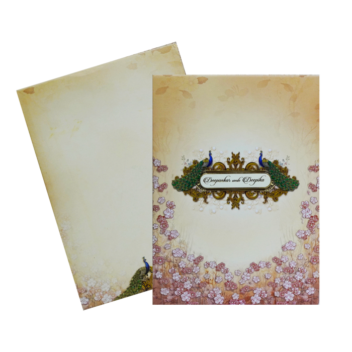 Peach Floral Peacock Padded Invitation Card
