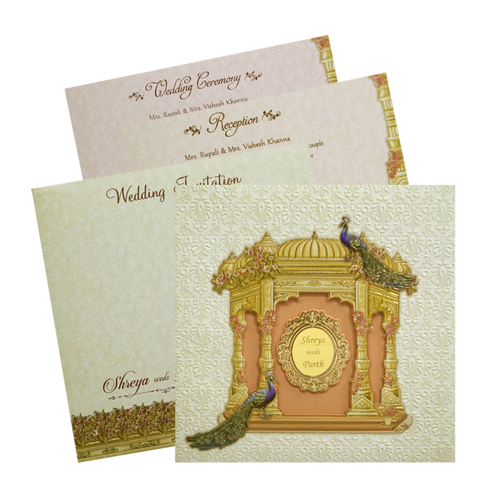 Ivory Royal Peacock Padded Wedding Card