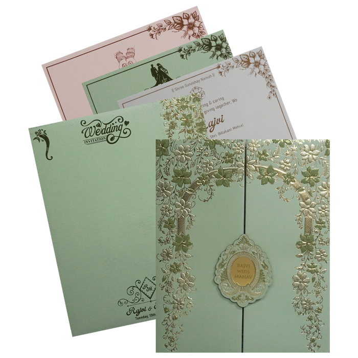 Pista Green Embossed Door Wedding Invitation