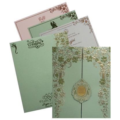 Pista Green Embossed Door Wedding Invitation