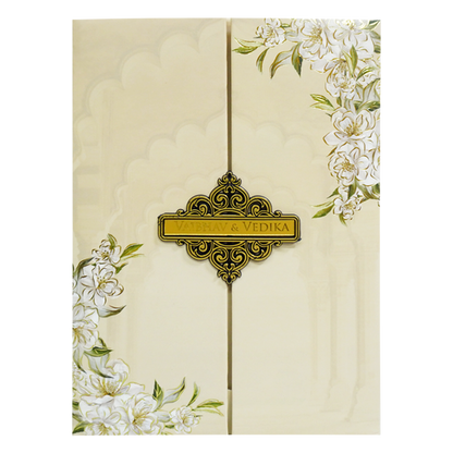 Vanilla Beige Floral Door Nameplate Padded Invitation Card