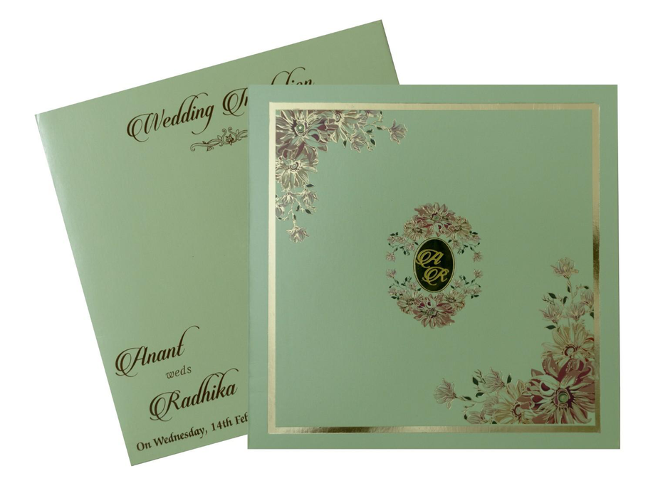 Pista Green Bordered Floral Nameplate Wedding Invitation Card