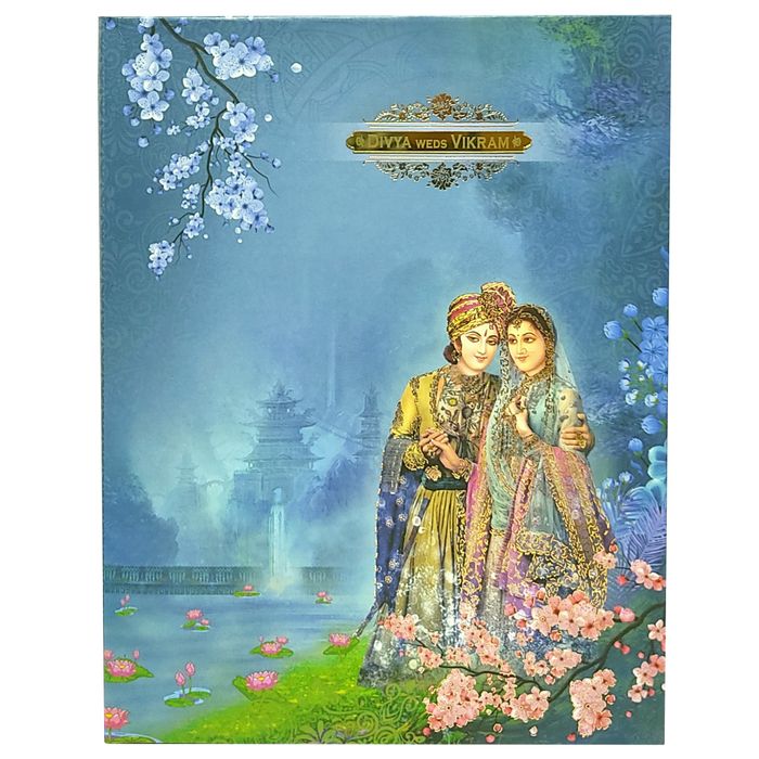 Blue Royal Padded Wedding Card With Palace Background