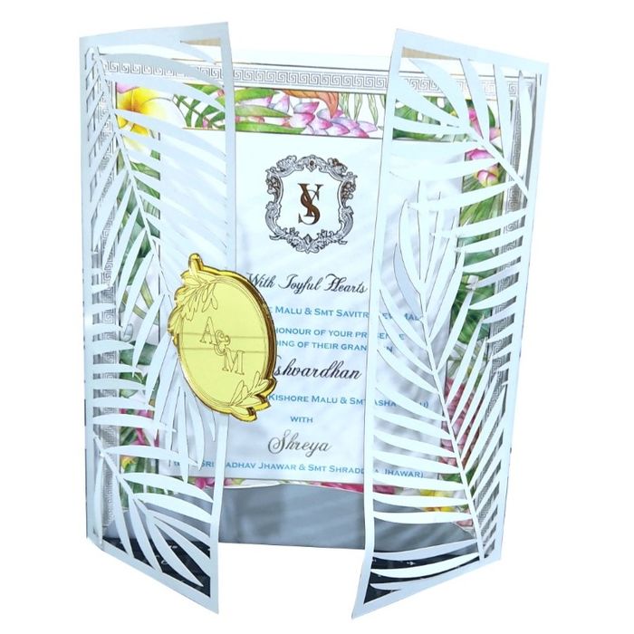 Sky Blue Premium Invitation In Floral Laser Cut Design-KNKYP002