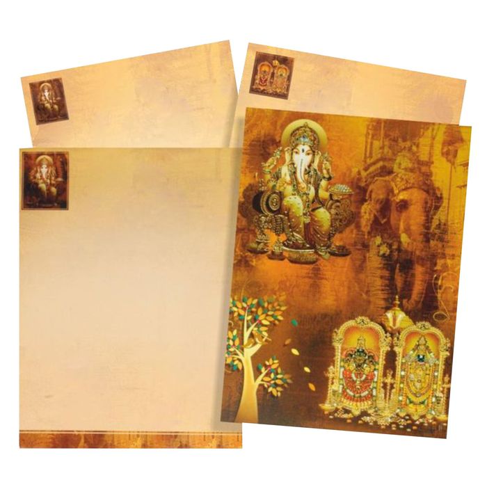 Brown Classic Ganesha With Balaji And Padmavathi Hindu Wedding Card-KNKC4029
