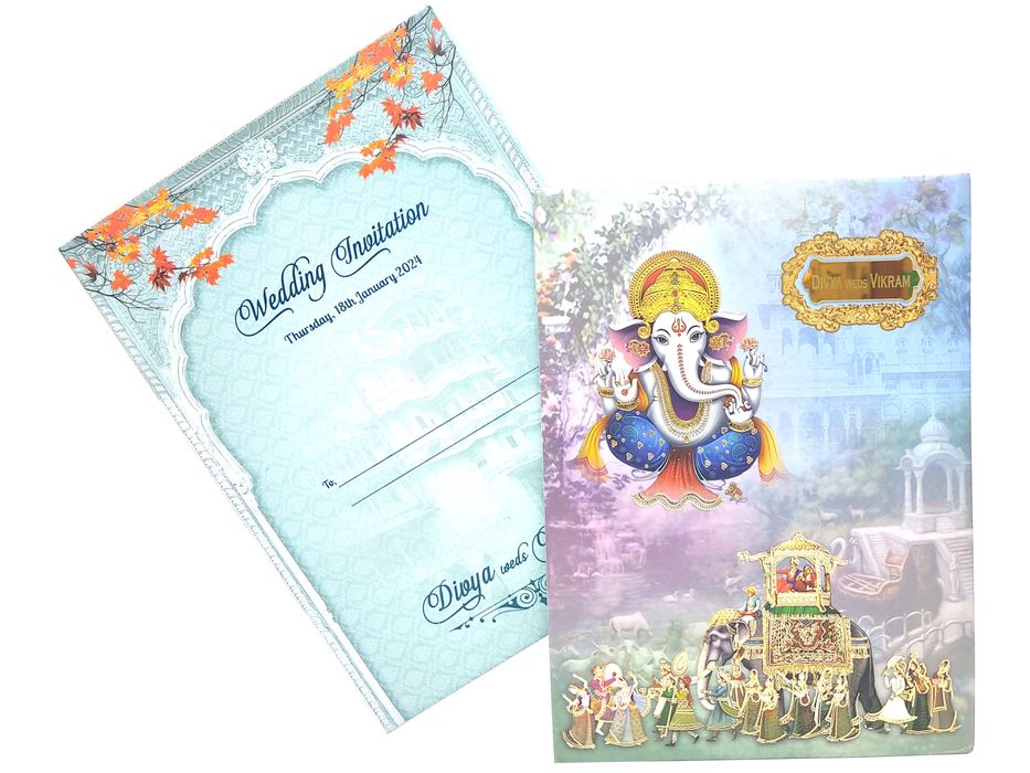 Blue Padded Hindu Wedding Card With Ganesha Image-KNPO9528B