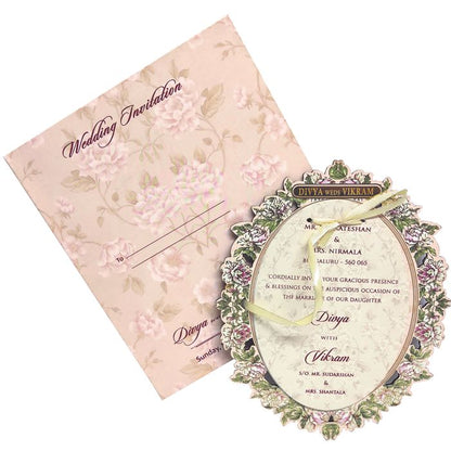 Peach Floral Laser Cut Oval MDF Board Wedding Card-KNKA8060