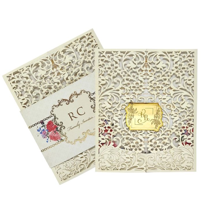 Cream Trending Laser Cut Wedding Card With Floral Touch-KNKYP001