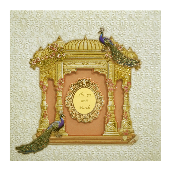 Ivory Royal Peacock Padded Wedding Card
