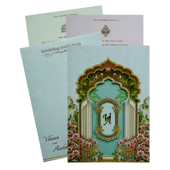 Light Blue Floral Elephant Padded Wedding Card