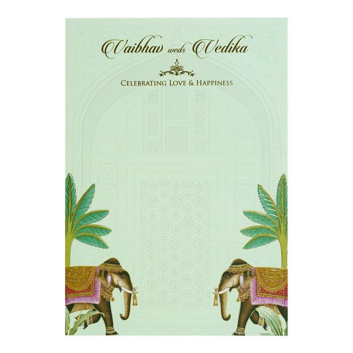 Pista Green Elephant Nameplate Wedding Card