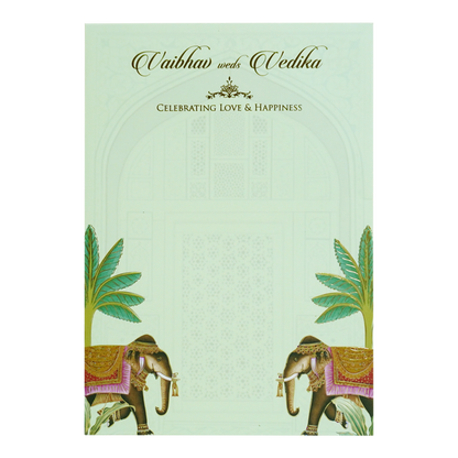 Pista Green Elephant Nameplate Wedding Card
