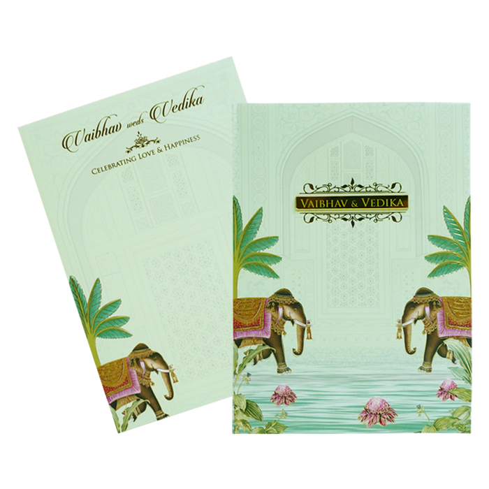 Pista Green Elephant Nameplate Wedding Card