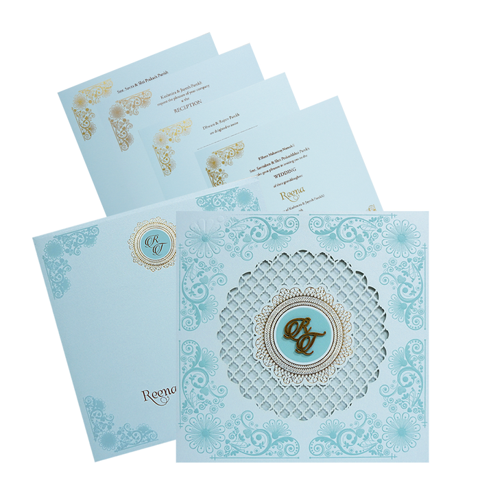Blue Padded Laser Cut Wedding Card
