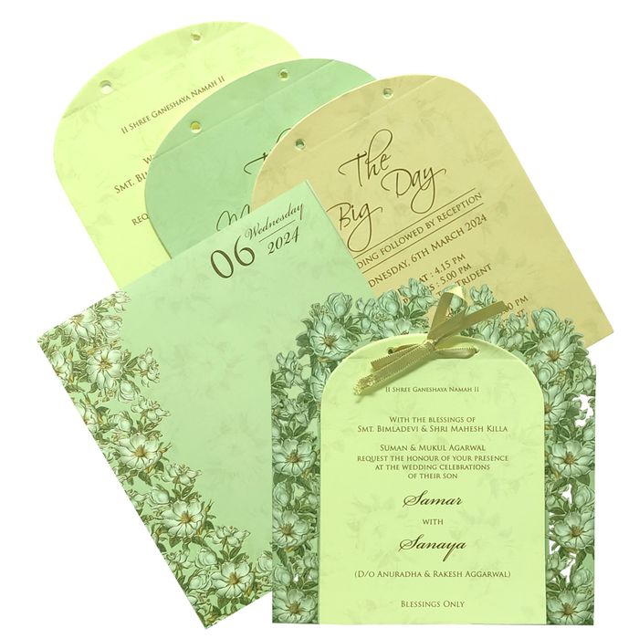Olive green floral laser cut board invitation card