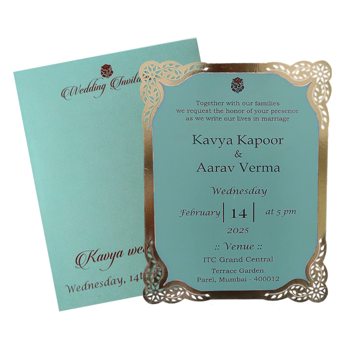 Blue Laser Cut Gold Border Single Invitation Card
