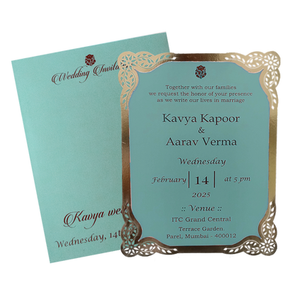 Blue Laser Cut Gold Border Single Invitation Card