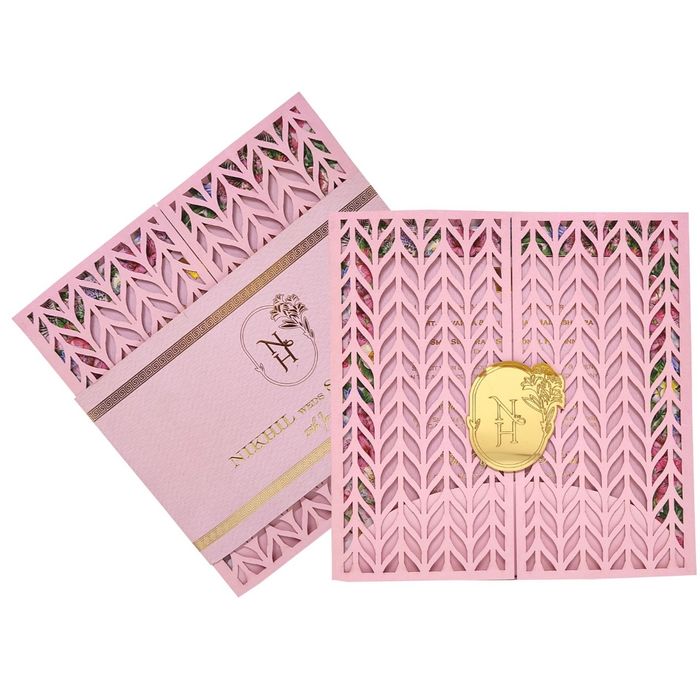 Pink Trendy Laser Cut Invitation With Gold Wedding Logo-KNKYP003