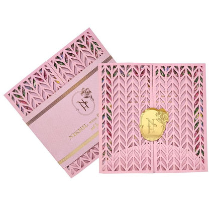 Pink Trendy Laser Cut Invitation With Gold Wedding Logo-KNKYP003