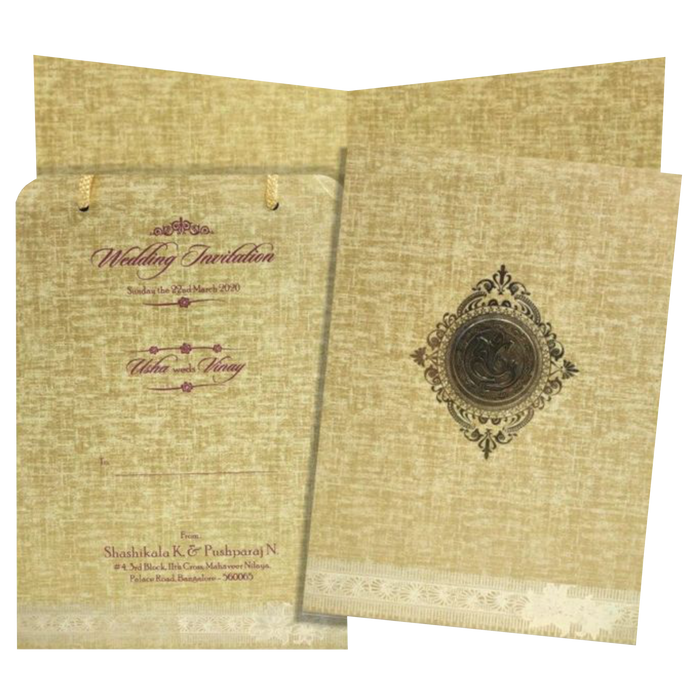Brown Gold Premium Padded Stiff Board Invitation Card With Ganesha-KNPS9512N