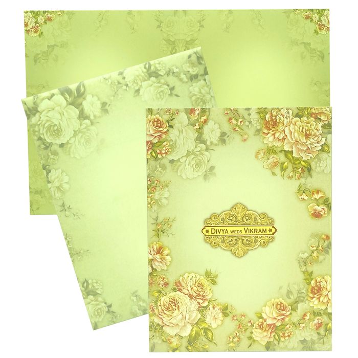 Pista Green Floral Design In Offset Wedding Card-KNKC4036