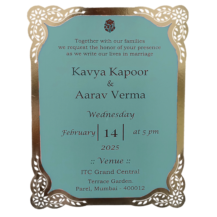 Blue Laser Cut Gold Border Single Invitation Card