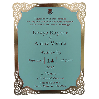 Blue Laser Cut Gold Border Single Invitation Card