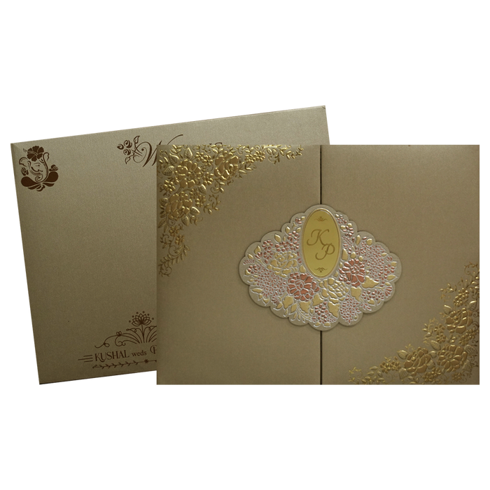 Metallic Brown Embossed Padded Wedding Invitation