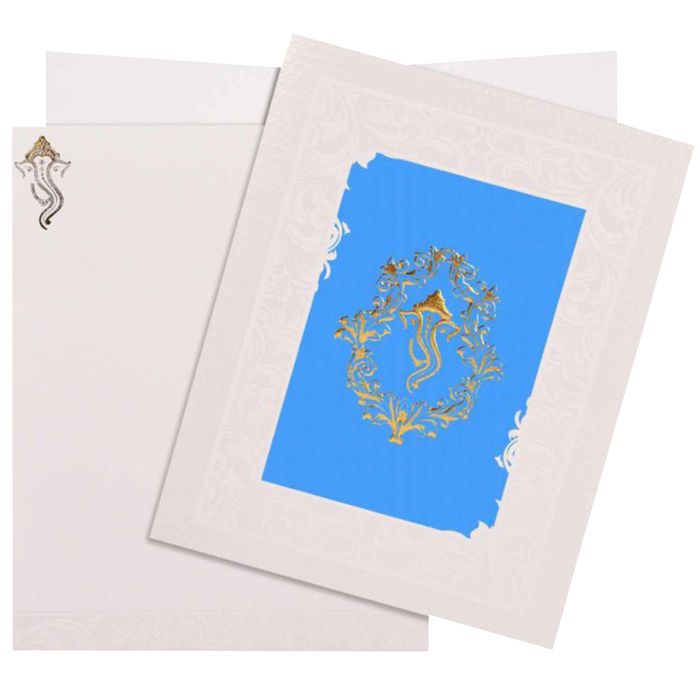 Alluring Blue Backdrop With Ganesha Theme Wedding Card - KNK4929