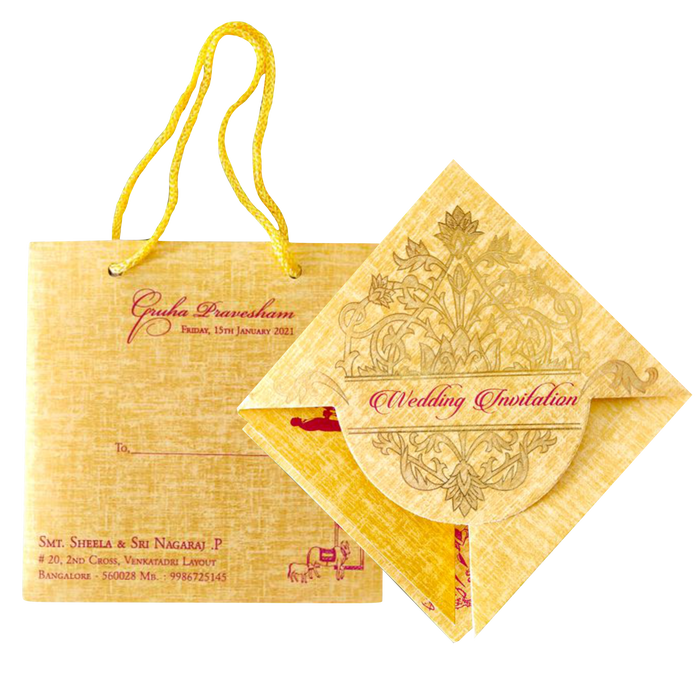 Gold Designer Personal Invitation Card In Gold Foiling Print With Bag-KNF9101G